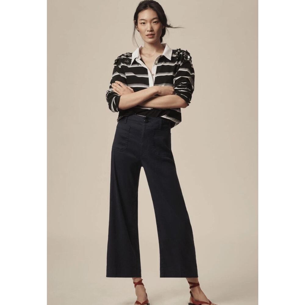 Anthropologie Maeve The Colette Cropped Wide Leg Linen Blend Navy Pants Womens 6